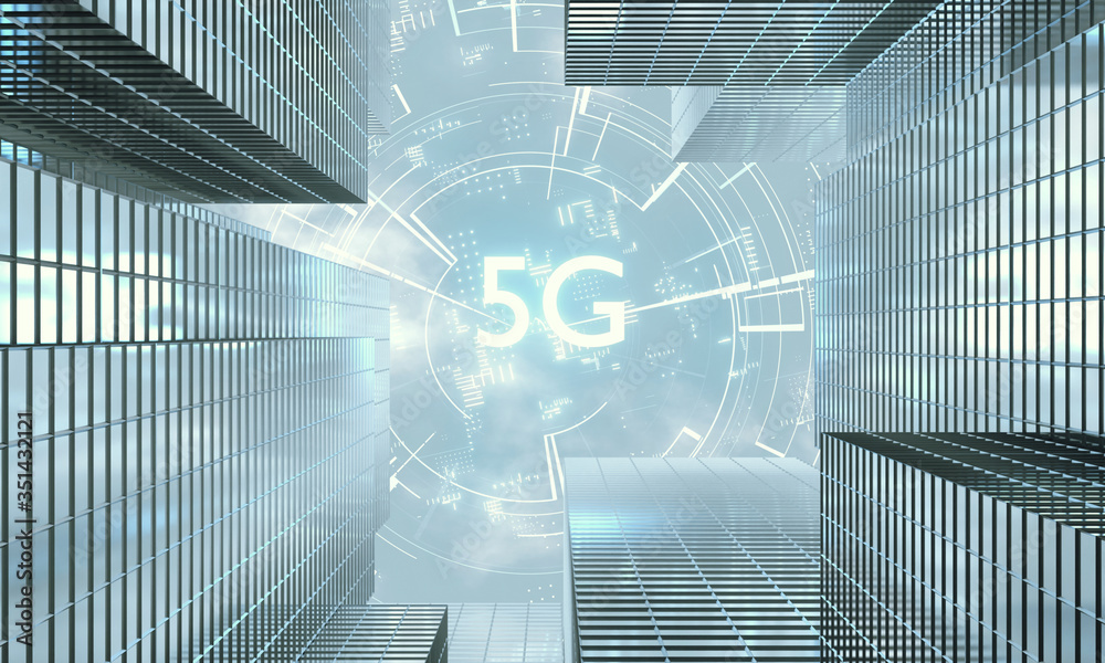 Poster 3d rendering of 5g text with virtual curve lines connection and light reflect on buildings glass win
