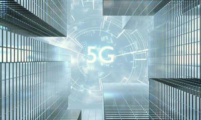 3D Rendering of 5G text with virtual curve lines connection and light reflect on buildings glass windows. Concept for Fast data transfer and transmission bandwidth rate. For telecom, mobile operator