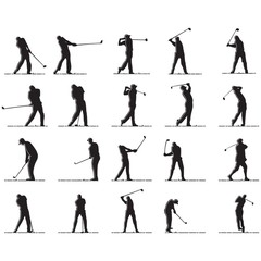 Fototapeta na wymiar set of silhouettes of man playing golf