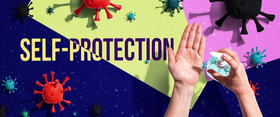 Self-protection coronavirus theme with person washing their hands with sanitizer