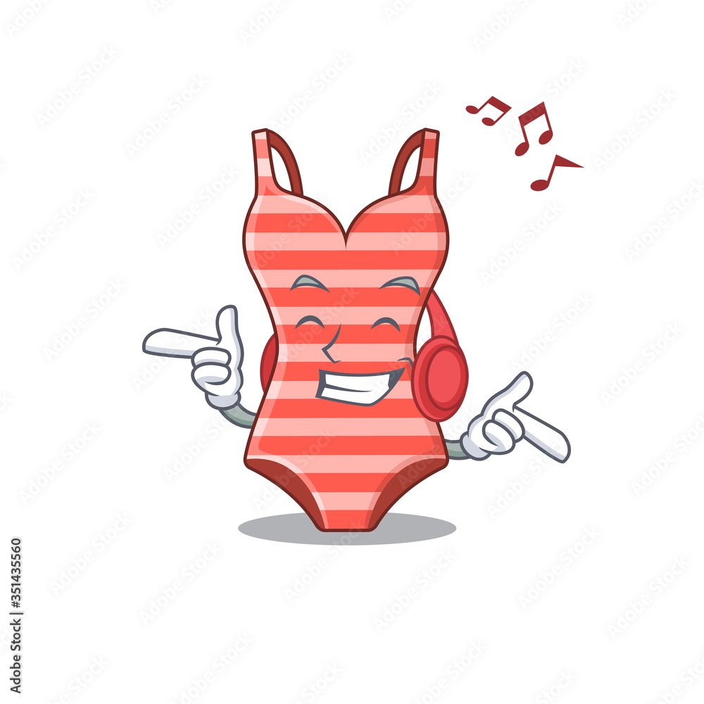 Poster Swimsuit Cartoon design concept listening music on headphone