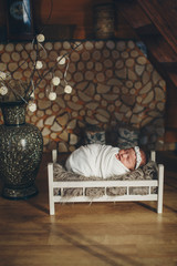 baby is lying in wooden bed under blanket against background of stacked firewood and decorative vase. portrait of small child. concept of childhood, health, IVF, children's furniture, interior