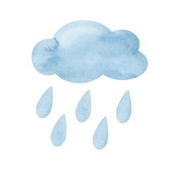 Watercolor illustration of pastel blue cloud with falling drops of rain. Hand drawn water color graphic paint on white background, cut out clipart elements for creative design, poster, banner, print.