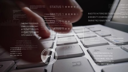 Man working on laptop computer keyboard with graphic user interface GUI hologram showing concepts of big data science technology, digital network connection and computer programming algorithm.