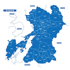 Obraz premium 熊本県地図 シンプル青 市区町村