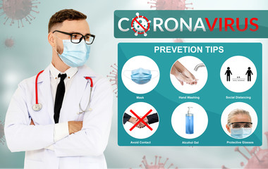 Covid-19 Coronavirus prevention tips use for people to stay safe from infection of covid-19. Advice includes social distancing, wearing face mask and hygiene care to disinfect coronavirus.