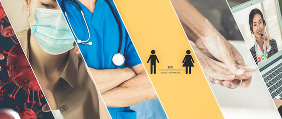 Coronavirus COVID-19 image set banner in concept of prevention information including safety precaution and doctor service to prevent spreading infection of covid-19 or 2019 Coronavirus Disease.