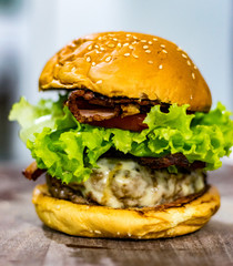 hamburger on a wooden table