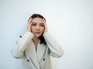 White isolated background copy space businesswomen asian portrait  serious work meeting customer.Female very worry business company startup effect corona virus disease economy downside worldwide
