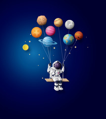 Astronaut Floating with Solar System Balloon Planets © kengmerry