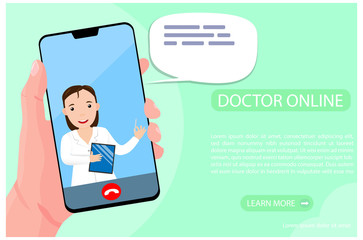 Online doctor consultation via your smartphone. Human hand is holding phone with video call to doctor. Woman therapist gives an advice online. Concept for medical app and web. Flat vector illustration