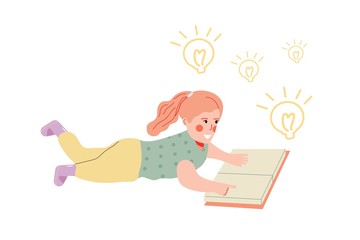 Smart cute girl lay down on the floor and reading the book. Thoughtful, idea, creative concept. Children learning at home. Children pointing the correct answer. Flat vector Illustration.