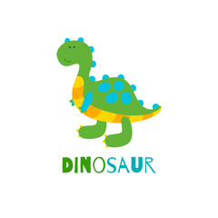 Nice and kind dinosaur on white background. Vector illustration in flat style