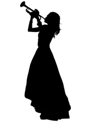 トランペットを吹く女性のシルエット