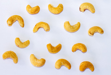 Roasted Cashew nuts isolated on white background with clipping path and full depth of field. Set or collection.