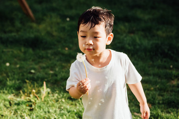 An Asian child playing on the grass