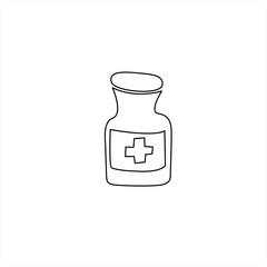 Vector hand drawn pill bottle illustration. Doodle first medicine aid icon isolated on white background