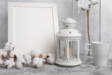 Beautiful Layout, with White Frame, Mockup White Cotton Colors, lamp. Stylish photo for design. Placement of prints and logos.