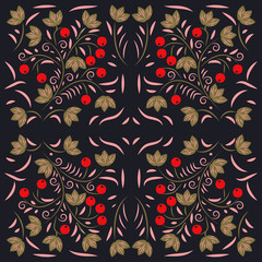 seamless pattern with flowers and leaves hohloma style