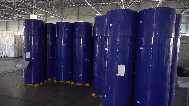 Panorama of a warehouse with roll paper.