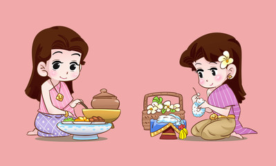 thai lady and wedding thai cartoon