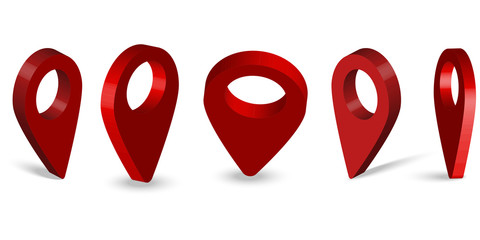 Red location pointer in 3 d format. Marker position in travel. Vector image. Stock Photo.