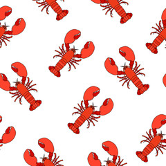 Red lobster flat seamless pattern. Pattern with crayfish. Red lobster on white background