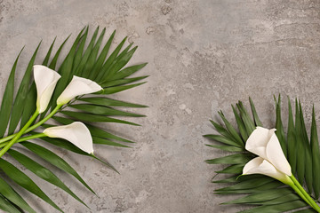 Tropical palm leaves and calla flowers on light gray textured background. Flat lay, top view, copy space. Summer background, nature. Creative minimal, Leaf pattern, floristic eco concept © Pavel Shcherbakov