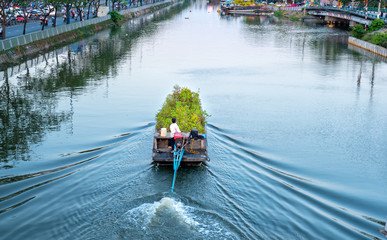 Fototapeta na wymiar Boating along canal with apricot carry flowers, confetti, almond tree spring to sell everyone distillation welcome Tet in Ho Chi Minh City, Vietnam