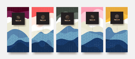 Landscape vector set packaging templates.Line pattern in Asian style with Japanese pattern.