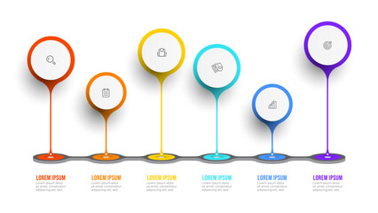 Business infographic template. Timeline with icons and 6 options or steps. Can be used for workflow layout, annual report, info graph.