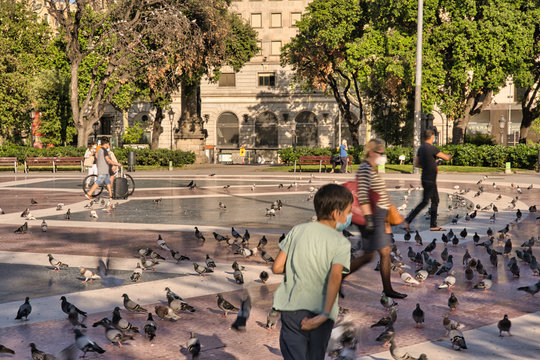 Barcelona. Plaza de Cataluña during Coronavirus pandemic. Spain