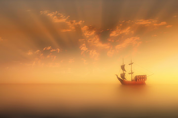 Naklejka na ściany i meble Lonly old sailing Boat at sunset