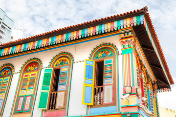Colorful house in Little India, Singapore. This last historic colonial style Chinese villa in Singapore was built in 1900 and is now a national heritage landmark.