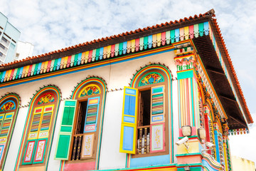 Colorful house in Little India, Singapore. This last historic colonial style Chinese villa in...