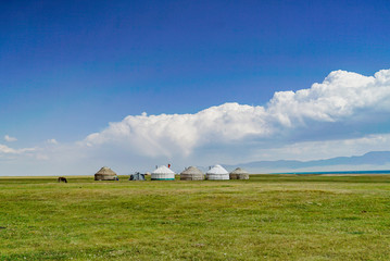 Traditional Yurts during summer seasons at the lakeside of Song Kul Lake, Kyrgyzstan - 351462765