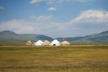 Traditional yurts for tourist with a beautiful landscape at Song Kul Lake where is famous place for tourism in Kyrgyzstan  - 351462774