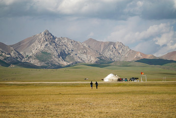Traditional yurts for tourism at Song Kul Lake, Kyrgyzstan