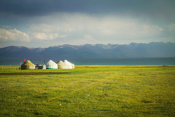 Traditional yurts for tourism at Song Kul Lake, Kyrgyzstan - 351463135