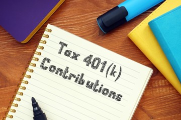 Conceptual photo about Tax 401K Contributions with handwritten phrase.