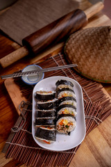 Korean Seaweed Wrapped Rice. The food name is "Kimbab". Famous Korean food is a wonderful food that everyone likes.