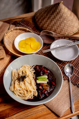 janggyeon with sauce, jajang jang, black bean sauce noodles