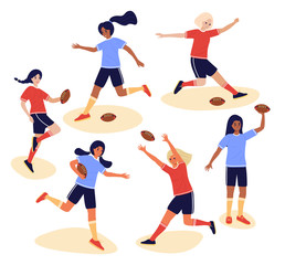 Fototapeta na wymiar Collection of young female rugby players isolated on white background. Set of teenage girls in flat cartoon stile - colorful vector illustration. Bundle of cute happy women playing with boll
