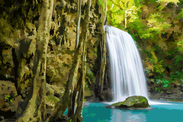 Watercolor sketch drawing brush painting of Waterfall and blue emerald water color beautiful nature rock waterfall steps in tropical rainforest.
Image wallpaper background for interior decoration.