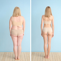 Woman before and after weight loss on color background