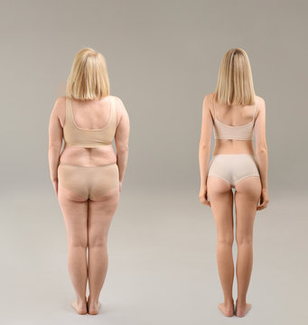Young woman before and after weight loss on grey background