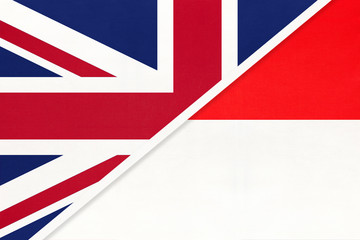 United Kingdom and Indonesia national flag from textile. Relationship between two european and asian countries.