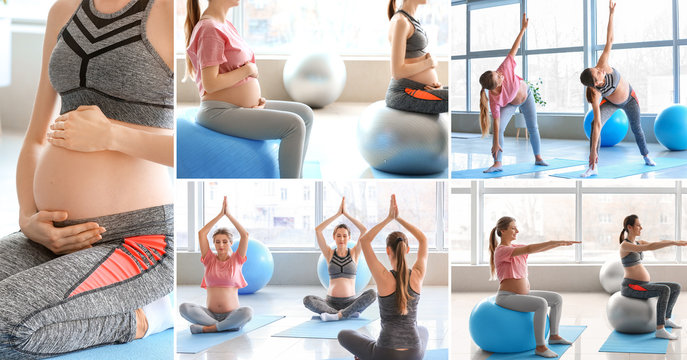 Collage of photos with young pregnant women training in gym