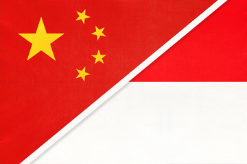 People's Republic of China or PRC and Indonesia national flag from textile. Relationship between two asian countries.