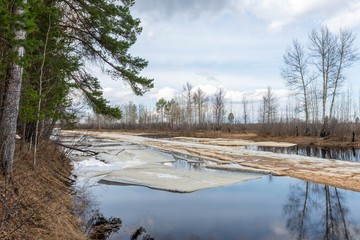 Exemption from ice on a small river. Spring landscape.